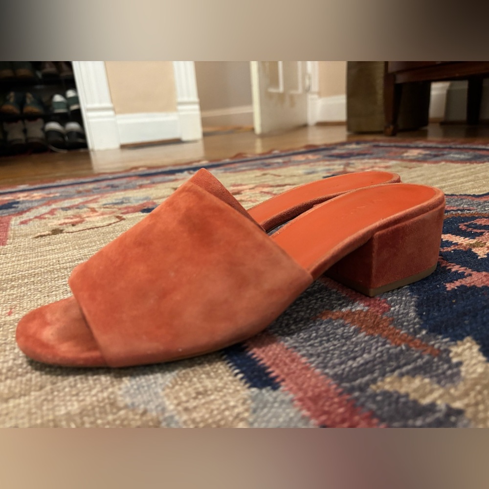 Vince coral orange suede leather mule peep toe slides Sz women’s 9. 2 inch heel